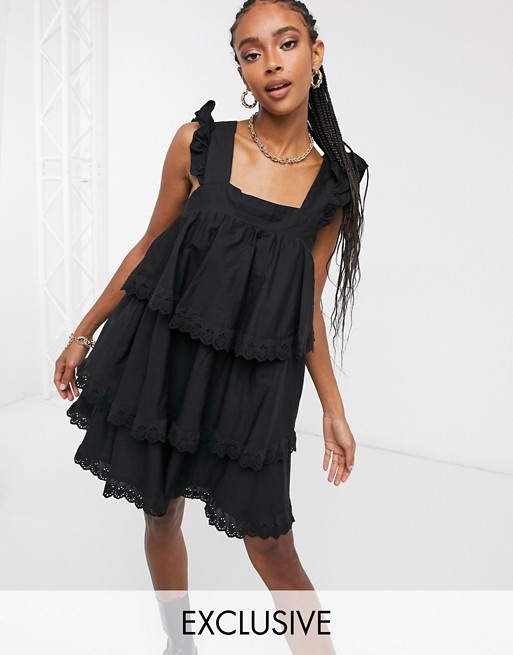 Reclaimed Vintage inspired mini smock dress with tiers and lace in black