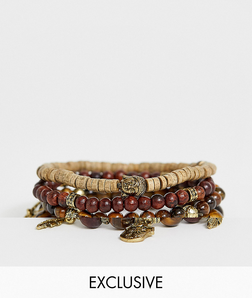 Reclaimed Vintage inspired mixed beaded and metal bracelet pack in brown exclusive to ASOS