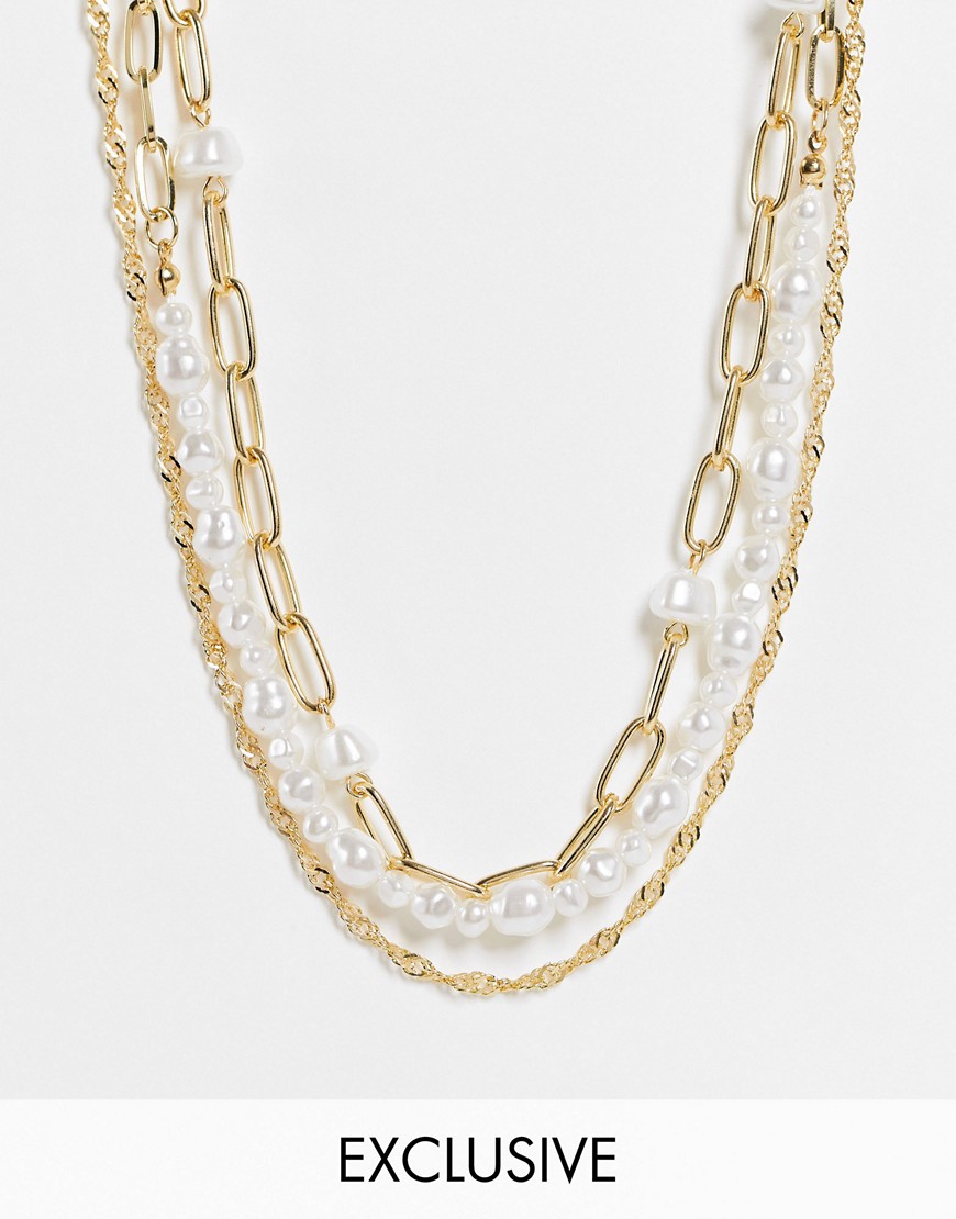 Reclaimed Vintage inspired mixed chain multirow necklace in gold and faux pearl