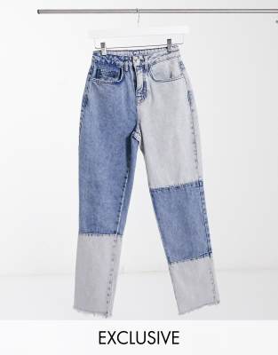 Reclaimed Vintage Inspired – Mom-Jeans im 91er Flair in Patchworkblau