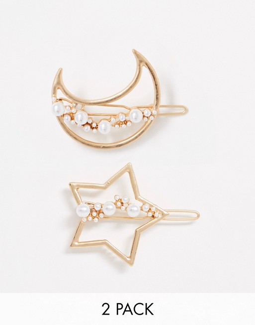 Reclaimed Vintage inspired moon and star hair clip 2 pack