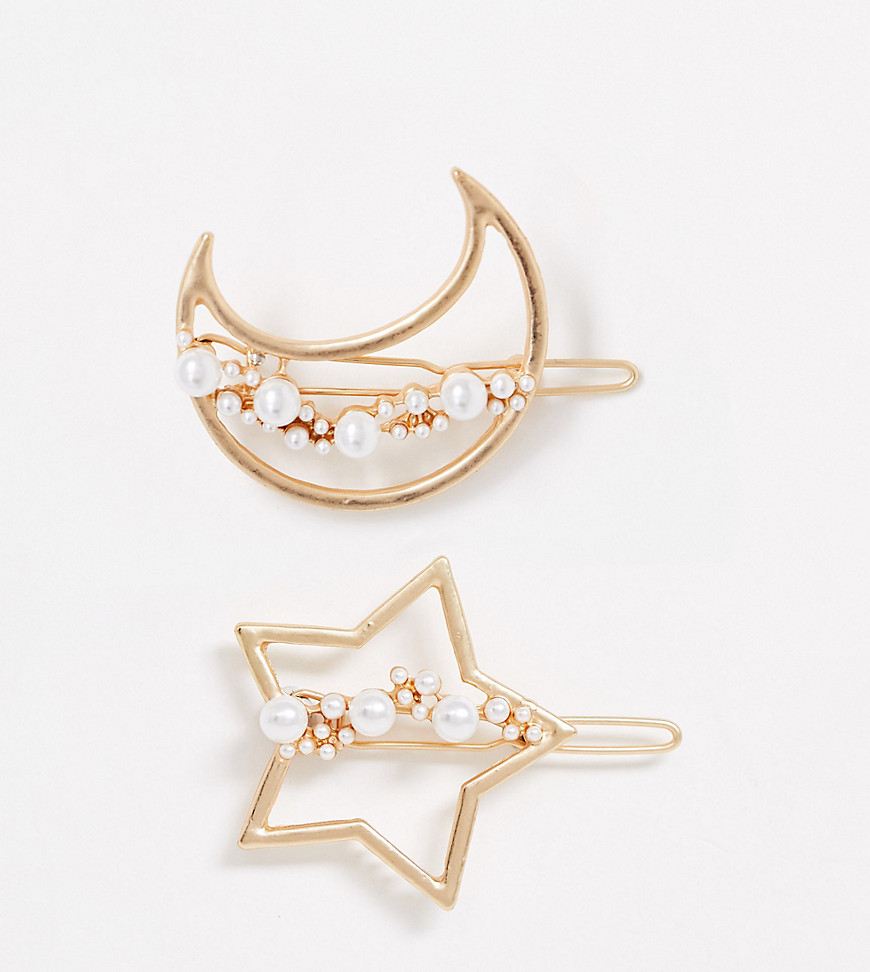 Reclaimed Vintage inspired moon and star hair clip 2 pack-Gold