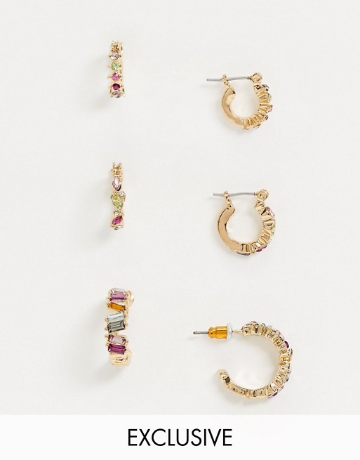 Reclaimed Vintage inspired multicolour crystal hoop earring multipack