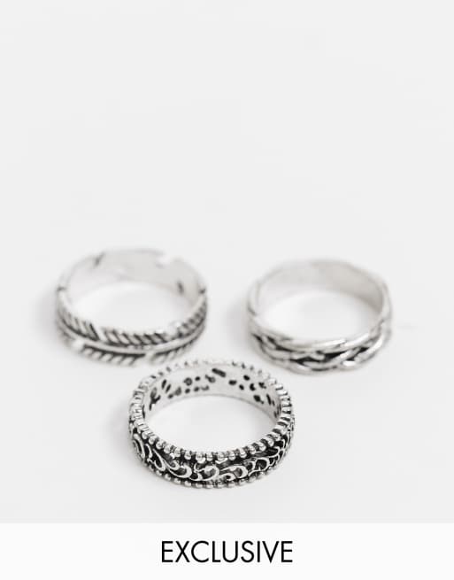 Reclaimed Vintage Inspired - Multipakke med sølvfarvede ringe med fjerdetaljer