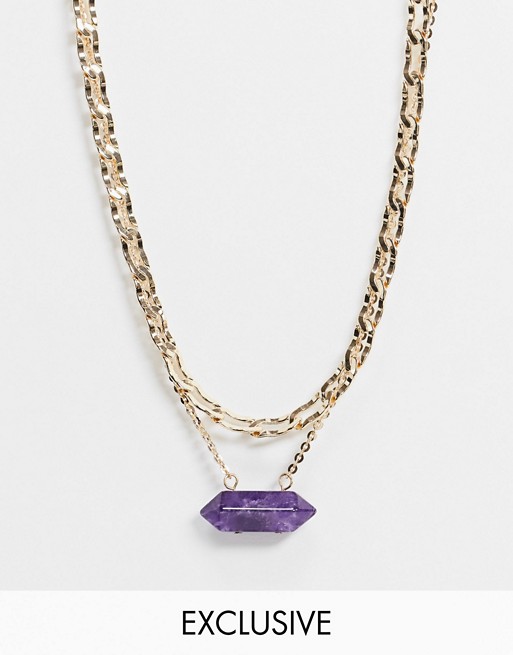 Reclaimed Vintage inspired multirow chain necklace with purple stone in gold