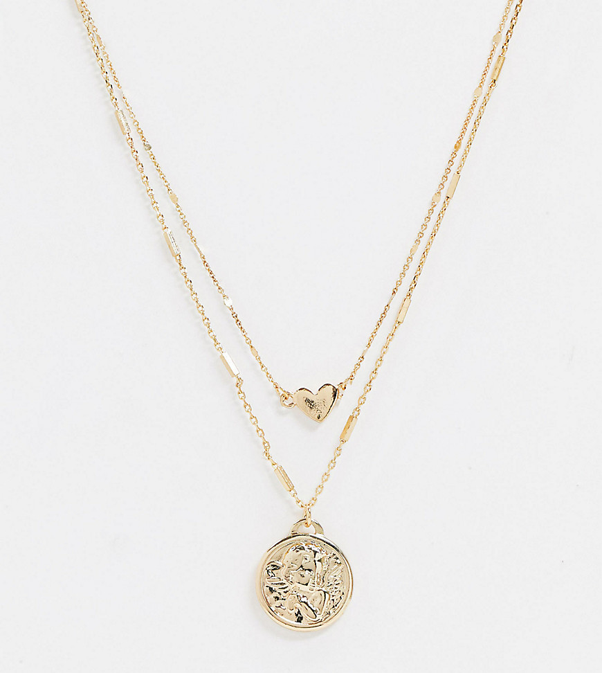 Reclaimed Vintage inspired multirow necklace with angel medalloin coin in gold