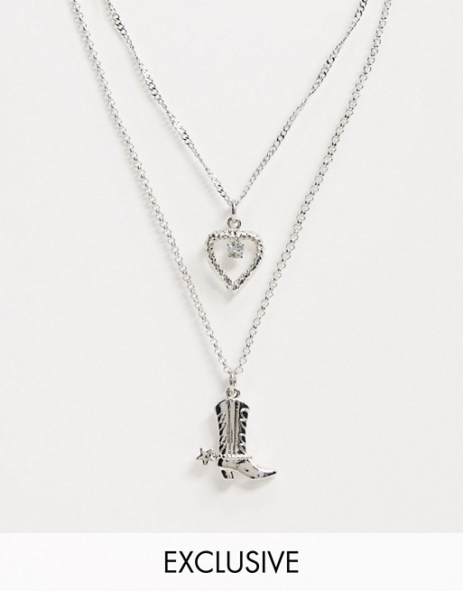Reclaimed Vintage inspired multirow necklace with cowboy boot and heart charm in silver