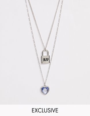 Reclaimed Vintage inspired multirow necklace with heart and padlock pendant