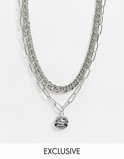 Reclaimed Vintage inspired multirow necklace with medallion coin in silver