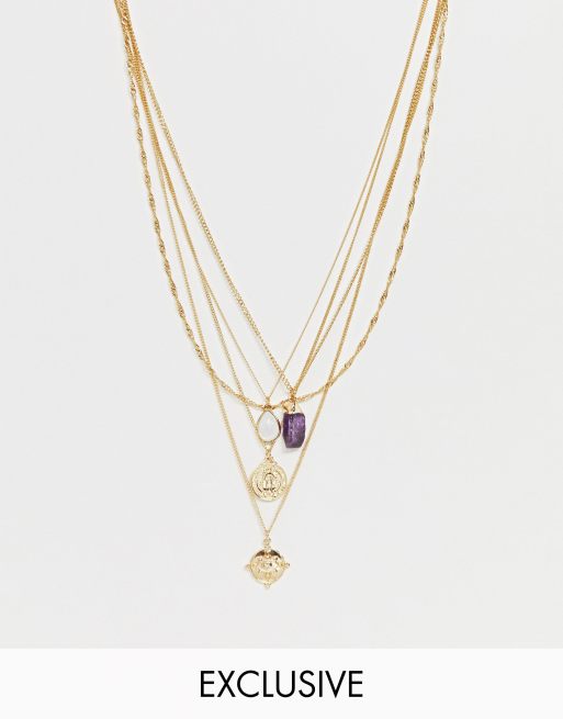 Reclaimed Vintage inspired multirow necklace with stone coin and eye necklace