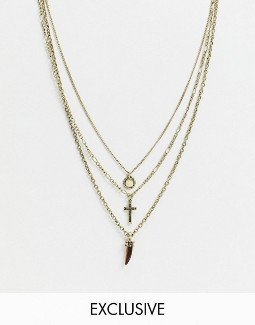 Reclaimed Vintage inspired multirow necklace with stone & cross detail in burnished silver