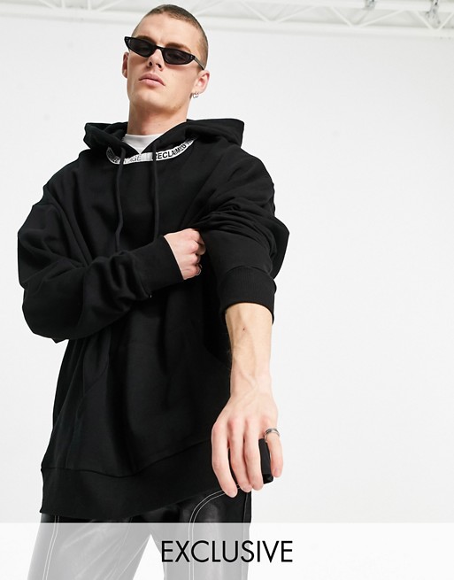 Reclaimed Vintage inspired neck trim logo hoodie in black