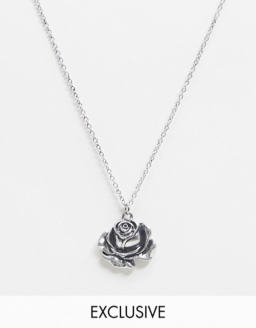 Reclaimed Vintage Inspired necklace with rose pendant in burnished silver