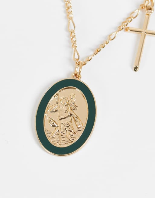 Reclaimed vintage inspired necklace with st christopher enamel pendant with cross in gold
