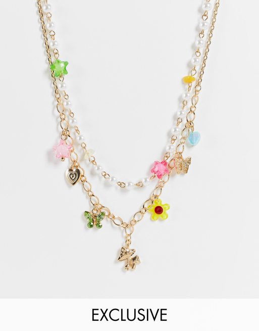 Reclaimed vintage inspired necklaces with 90's charms in faux pearl and gold 2 pack