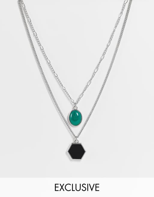 Reclaimed vintage inspired necklaces with ornate stones in silver 2 pack