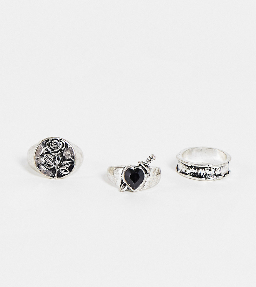 Reclaimed Vintage – Inspired – Old-School-Ringe in Silber mit Herz- und Dolch-Design im 3er-Pack