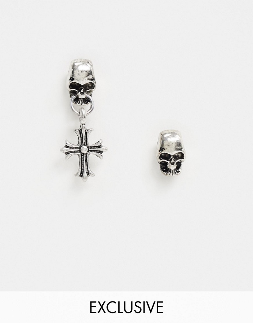 Reclaimed Vintage Inspired - Oorringen met doodshoofd en kruis in zilverkleurig