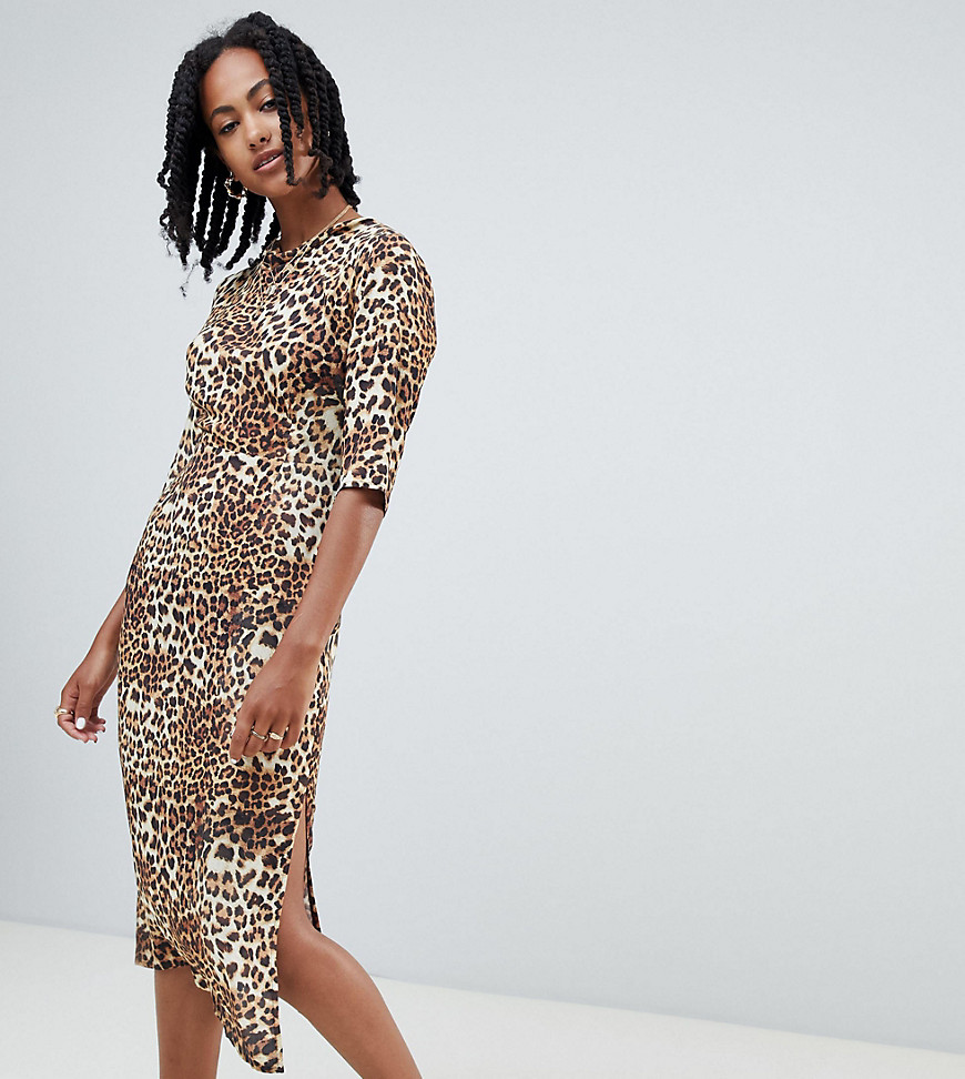 Reclaimed Vintage inspired open back midi dress in leopard print-Brown