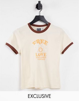 Reclaimed Vintage inspired cotton fitted t-shirt with free love print in cream - CREAM