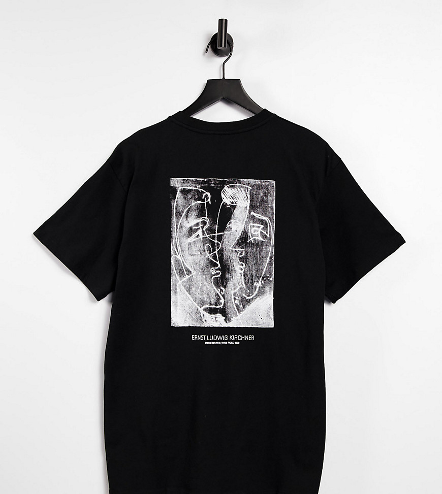 Reclaimed Vintage inspired organic cotton t-shirt with front and back sketchy faces print in black