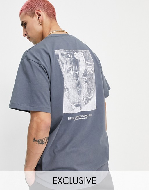 Reclaimed Vintage inspired cotton t-shirt with front and back sketchy faces print in charcoal - GREY