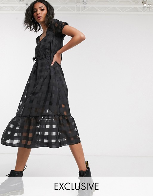 Reclaimed Vintage inspired organza check midi dress with puff sleeve