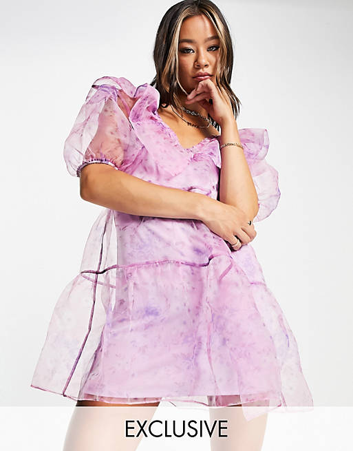Women Reclaimed Vintage inspired organza mini dress with puff sleeves in lilac floral 
