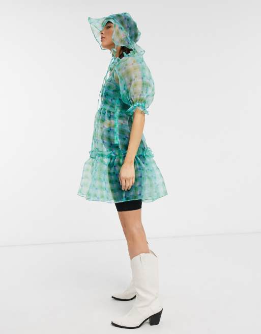 Reclaimed Vintage inspired organza mini smock dress in green check, 4 of 4