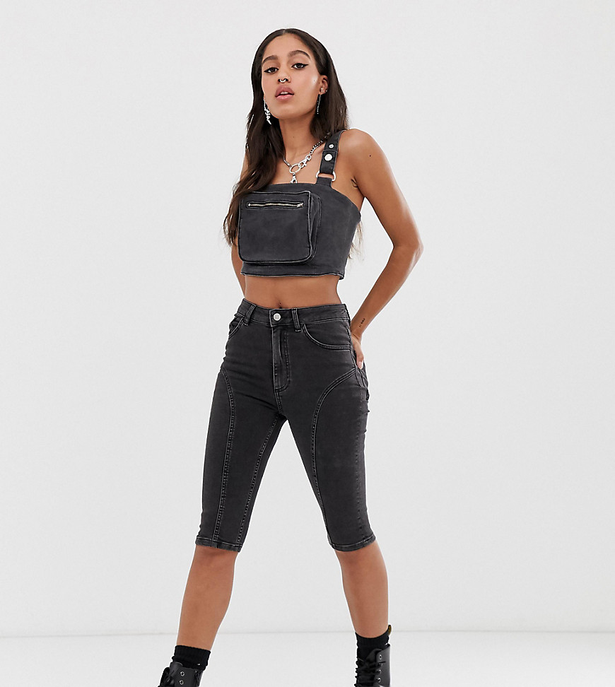 Reclaimed Vintage inspired over the knee denim shorts with seam detail-Black