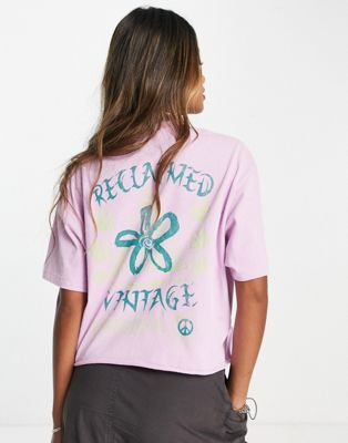 Reclaimed Vintage inspired oversized cropped t-shirt floral skate print in pink