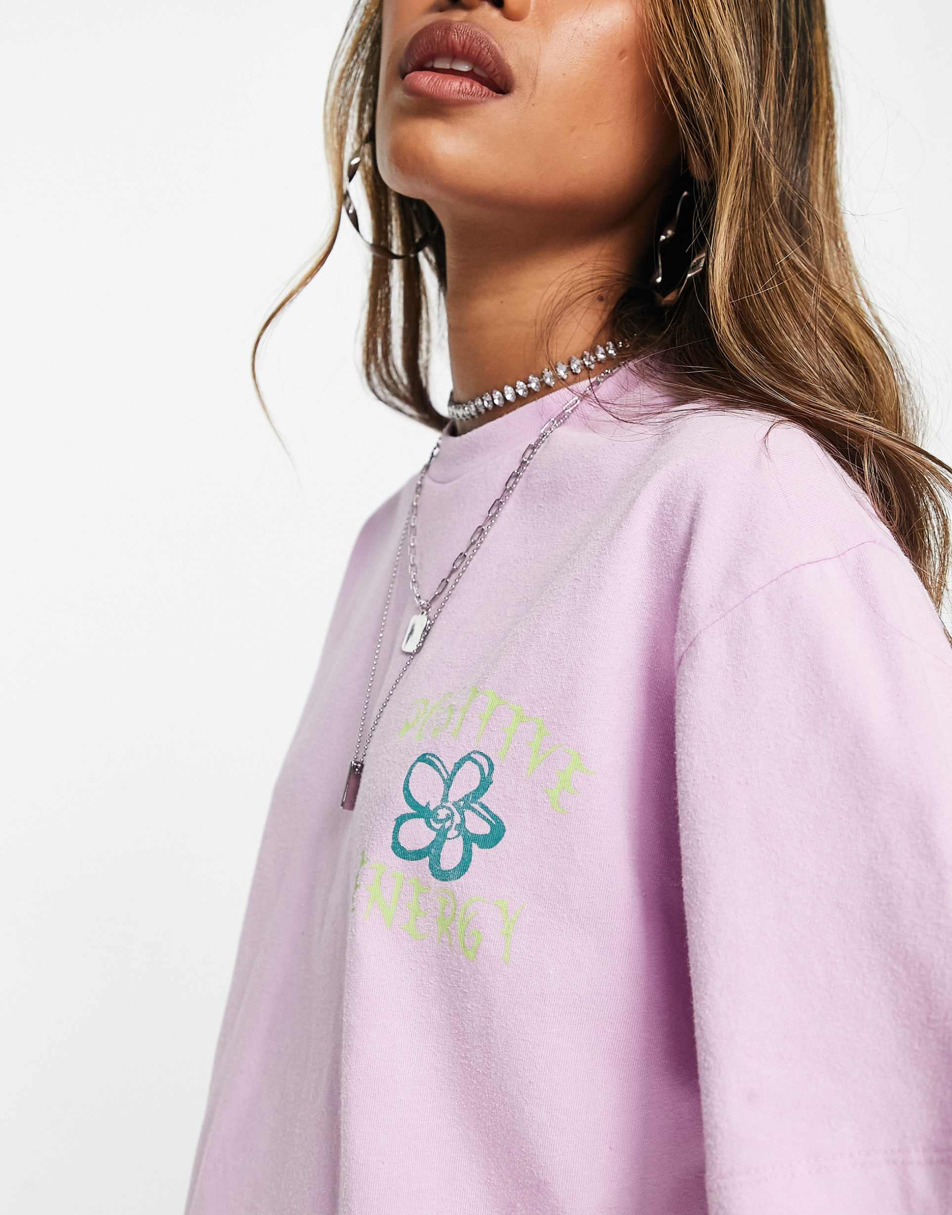 Reclaimed Vintage inspired oversized cropped t-shirt floral skate print in pink