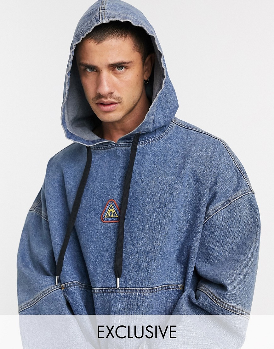 Reclaimed Vintage inspired oversized denim hoodie with logo-Blue