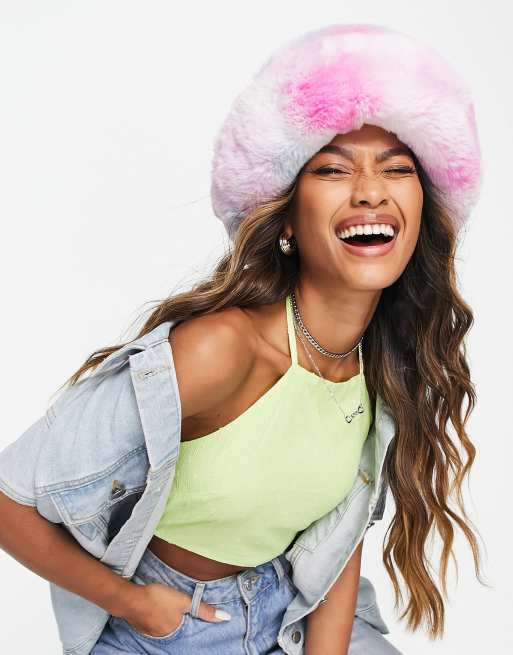 Reclaimed Vintage inspired oversized faux fur festival hat in pink, 3 of 4