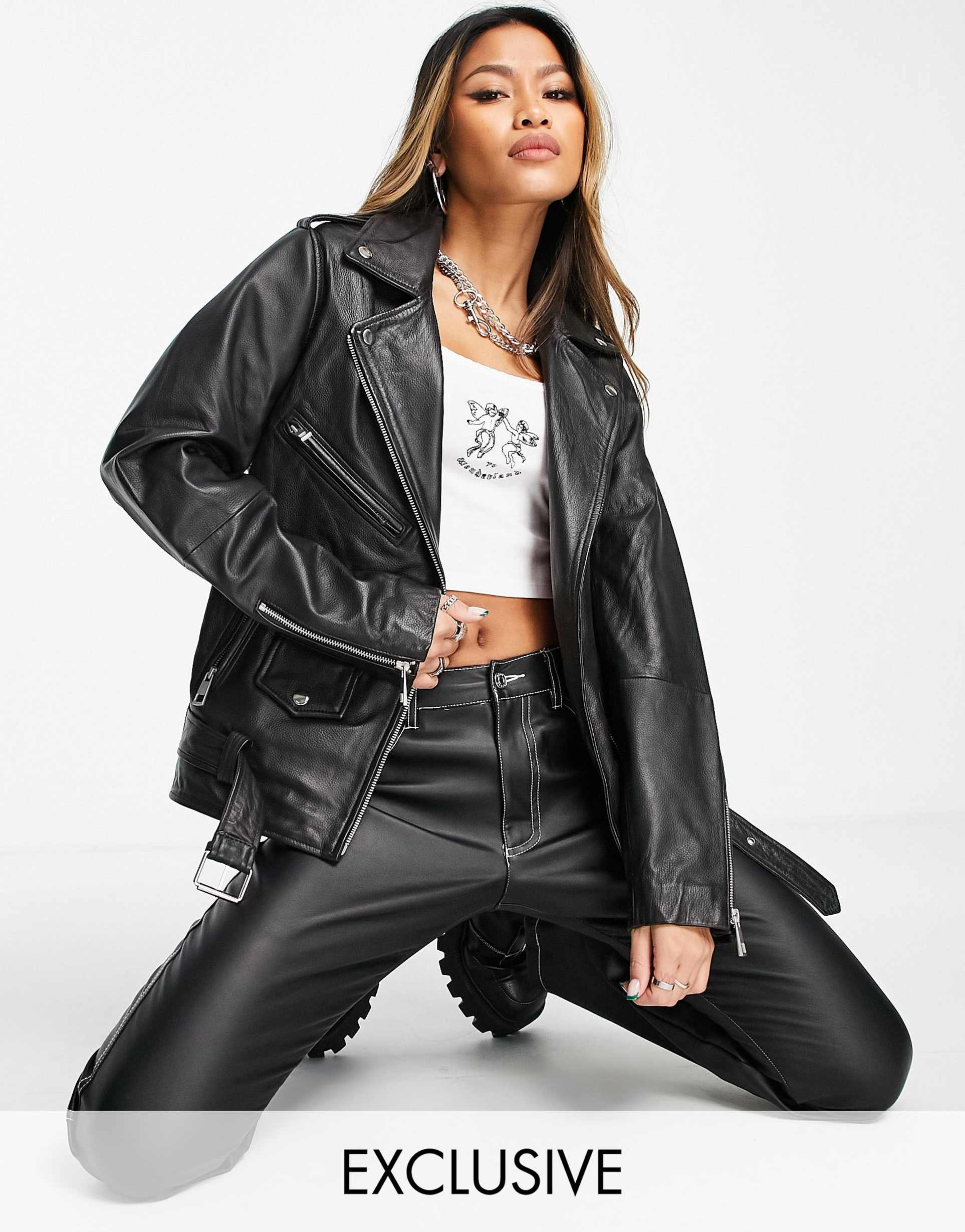 Reclaimed Vintage inspired oversized leather biker jacket view 2