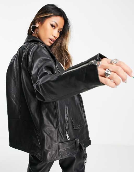 ASOS DESIGN oversized real leather biker jacket in vintage black