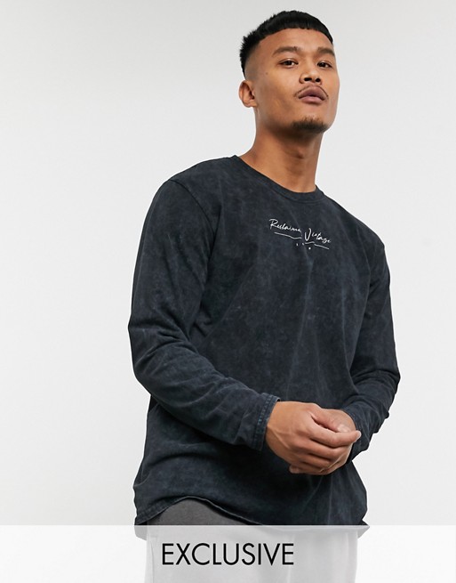 Reclaimed Vintage inspired oversized long sleeve t-shirt with script logo in charcoal wash