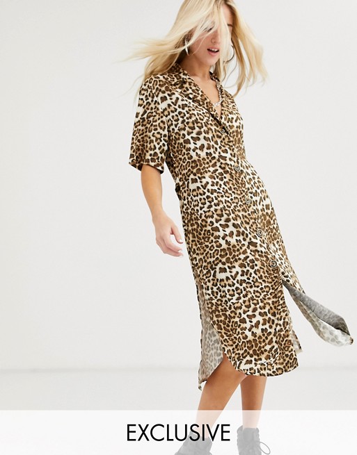 Reclaimed Vintage inspired oversized midi shirt dress in leopard print