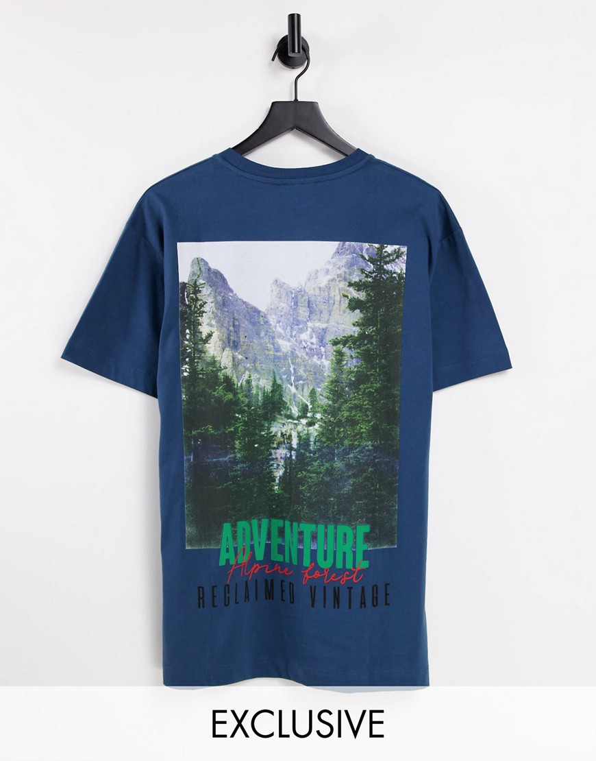 Reclaimed Vintage inspired oversized organic cotton t-shirt with adventure back print in navy
