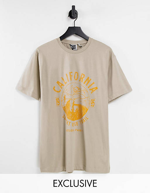 Reclaimed Vintage inspired oversized organic cotton t-shirt with california print in stone