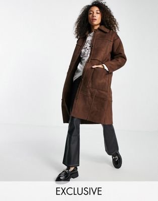 Reclaimed Vintage inspired oversized shearling coat in chocolate
