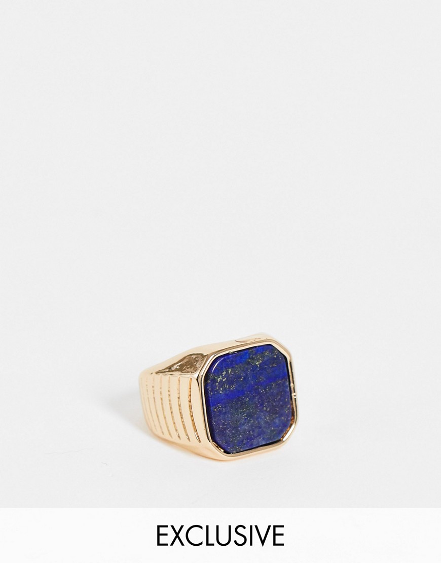 Reclaimed Vintage inspired oversized signet ring with blue lapis stone in gold