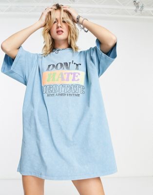 Reclaimed Vintage inspired oversized t-shirt dress don't hate print in blue