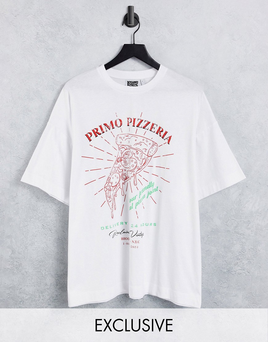 Reclaimed Vintage Inspired - Oversized T-shirt med pizza-print i hvid, økologisk bomuld