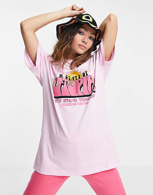  Reclaimed Vintage inspired oversized t-shirt with 70's utopia graphic in light pink 