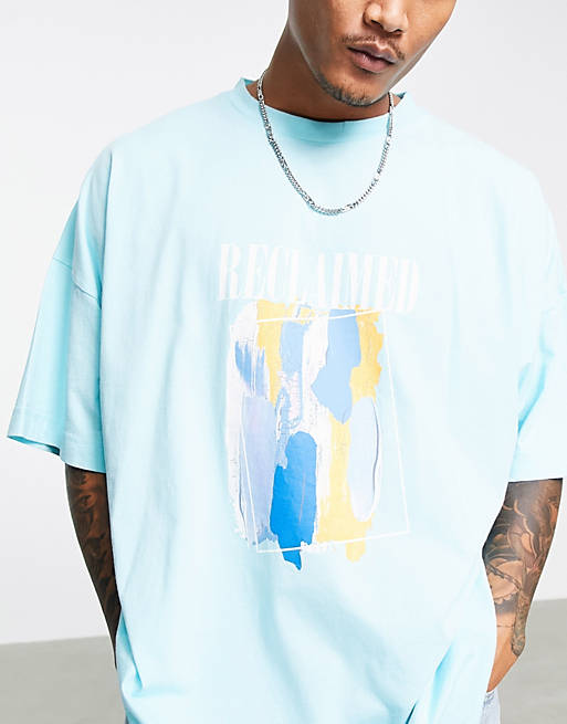  Reclaimed Vintage inspired oversized t-shirt with art print in light blue 