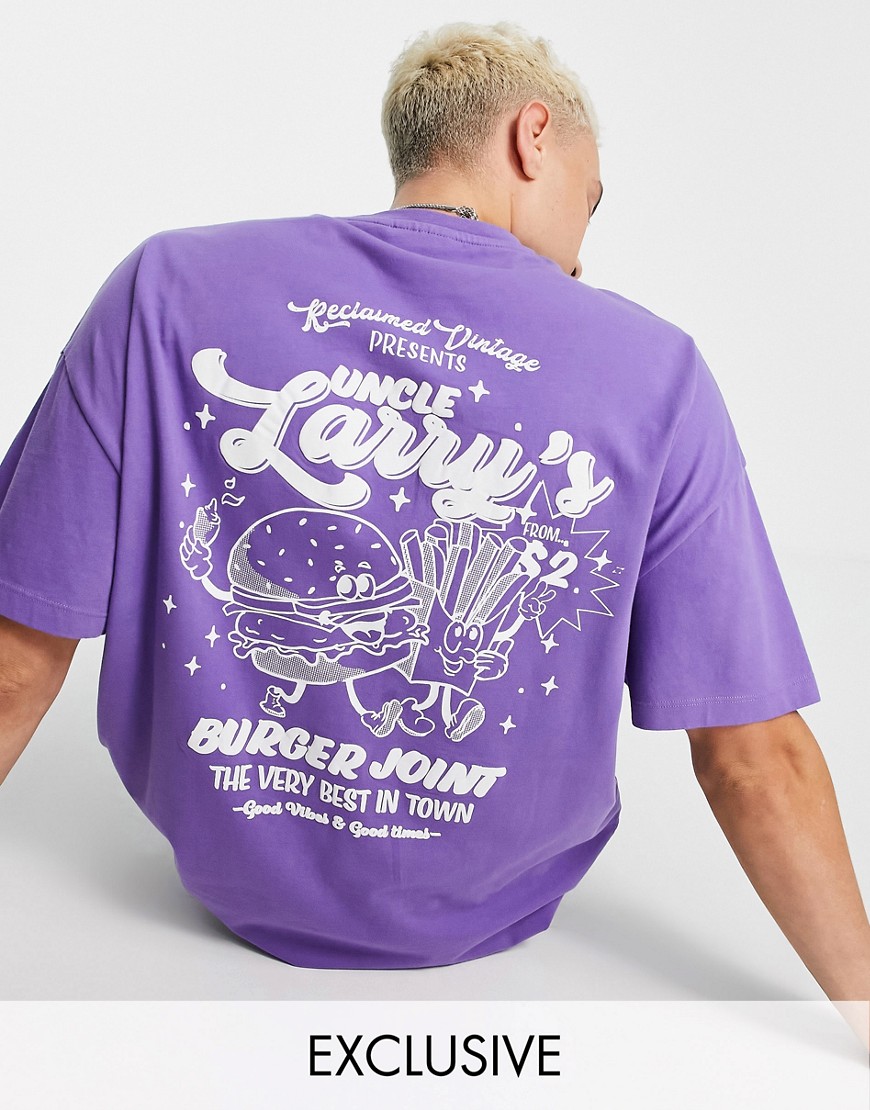 Reclaimed Vintage inspired oversized t-shirt with burger front print in washed purple