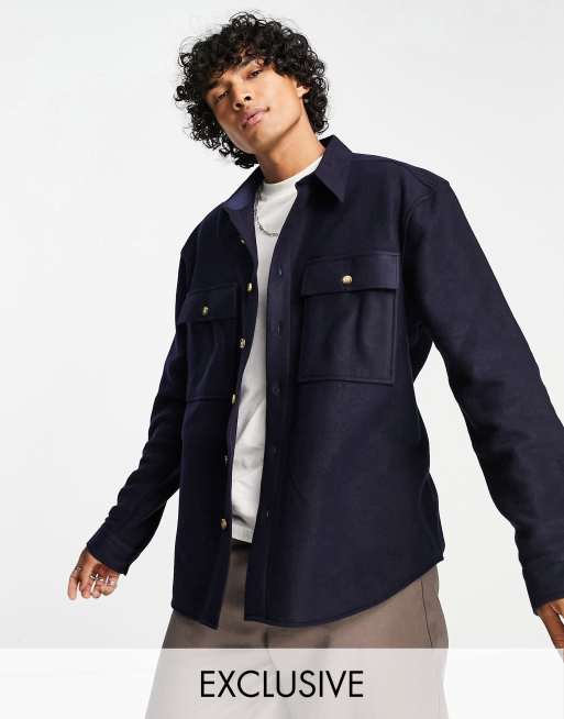 Reclaimed Vintage inspired - Overskjorte i marineblå, imiteret uld