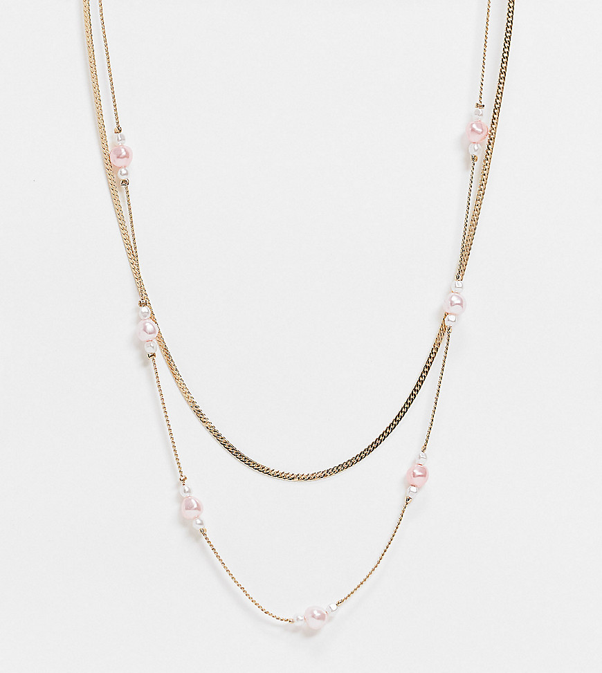 Reclaimed Vintage Inspired pink pearl chain multirow necklace in gold-Silver