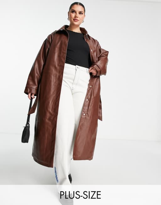 Reclaimed Vintage Inspired plus 90s oversized leather look trench coat in chocolate ASOS